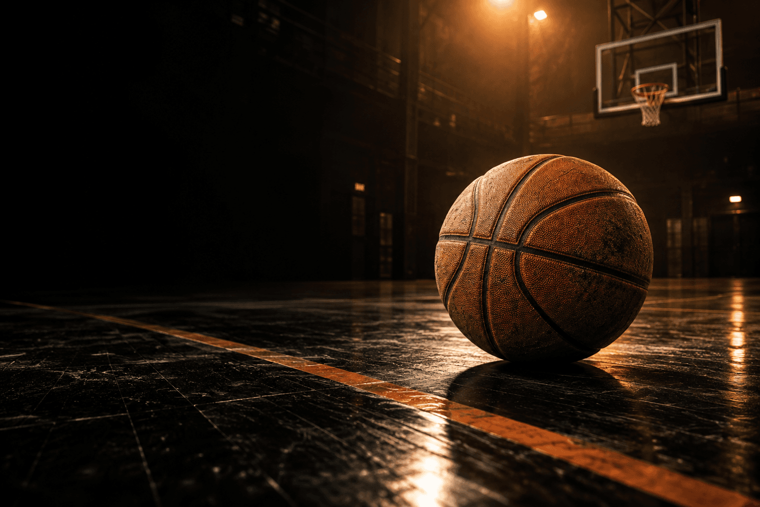 An orange basketball on a dark indoor court